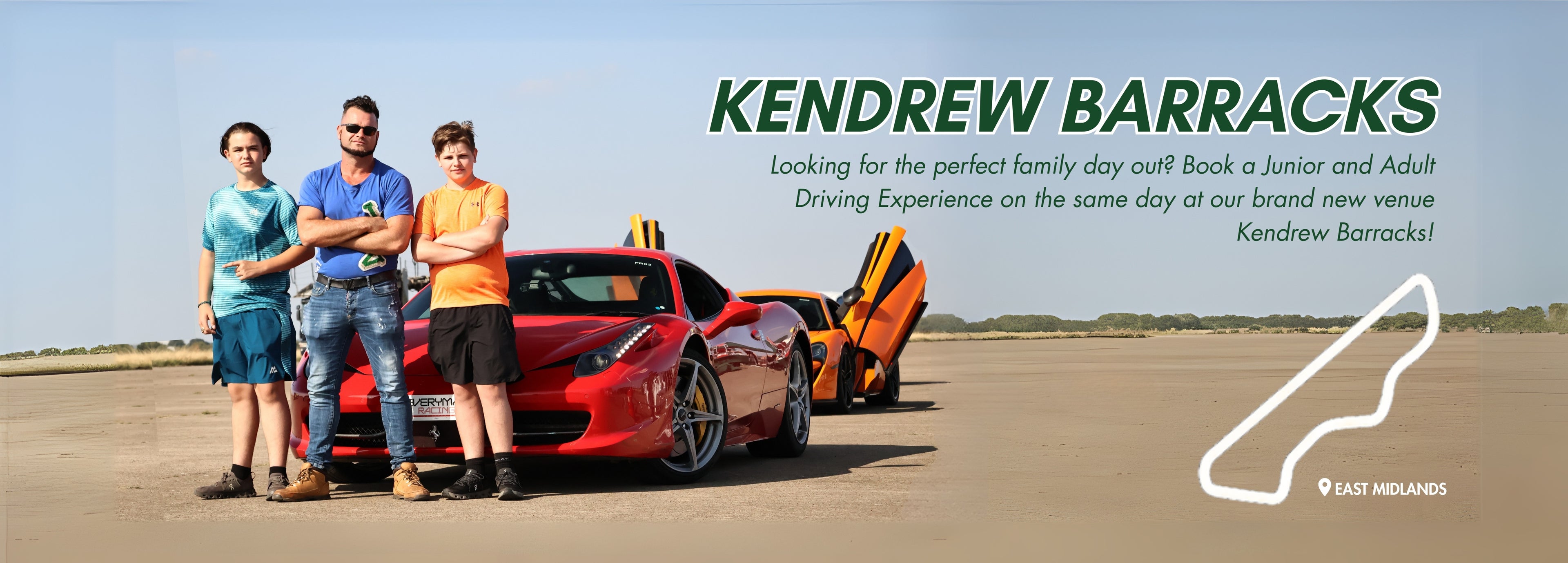 Three people standing next to a red sports car with text about Kendrew Barracks driving experience.