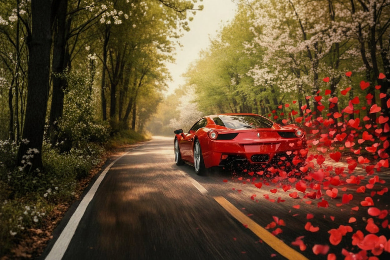 Red sports car on a scenic road with cherry blossoms and petals Valentines day 2026