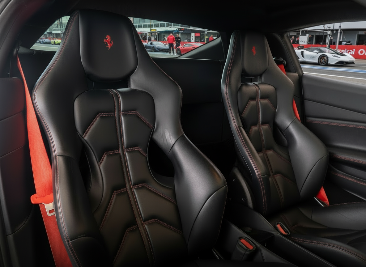 Black leather car seats with red accents and Ferrari logo in a vehicle interior.