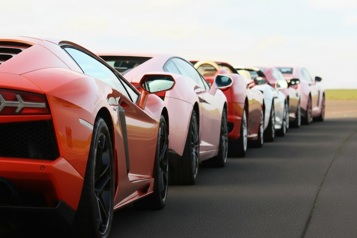 Valentines Day Row of sports cars on a track 